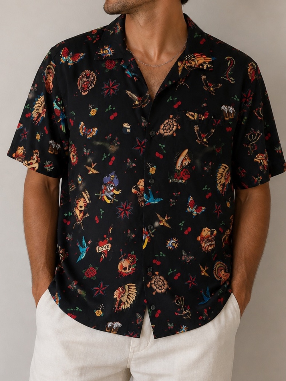 King Kameha Traditional Tattoo Print Button Down 2XL